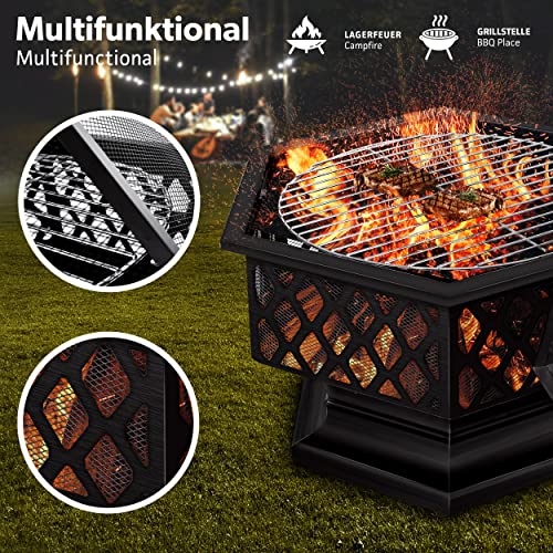 Feuerschale mit Funkenschutz & Grillrost | Feuerstelle Outdoor für den Garten | 4 in 1 BBQ Grill mit Abdeckung, Schürhaken, Zange & Kohlerost Schwarz (Sechskant) – Bild 5