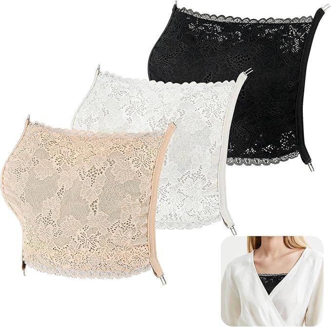 Camicover 3Pcs Lace Cleavage Cover Modesty Panel Wearable Mock Camisole Bra Insert Overlay Modesty Panel Vest (Black White Beige)