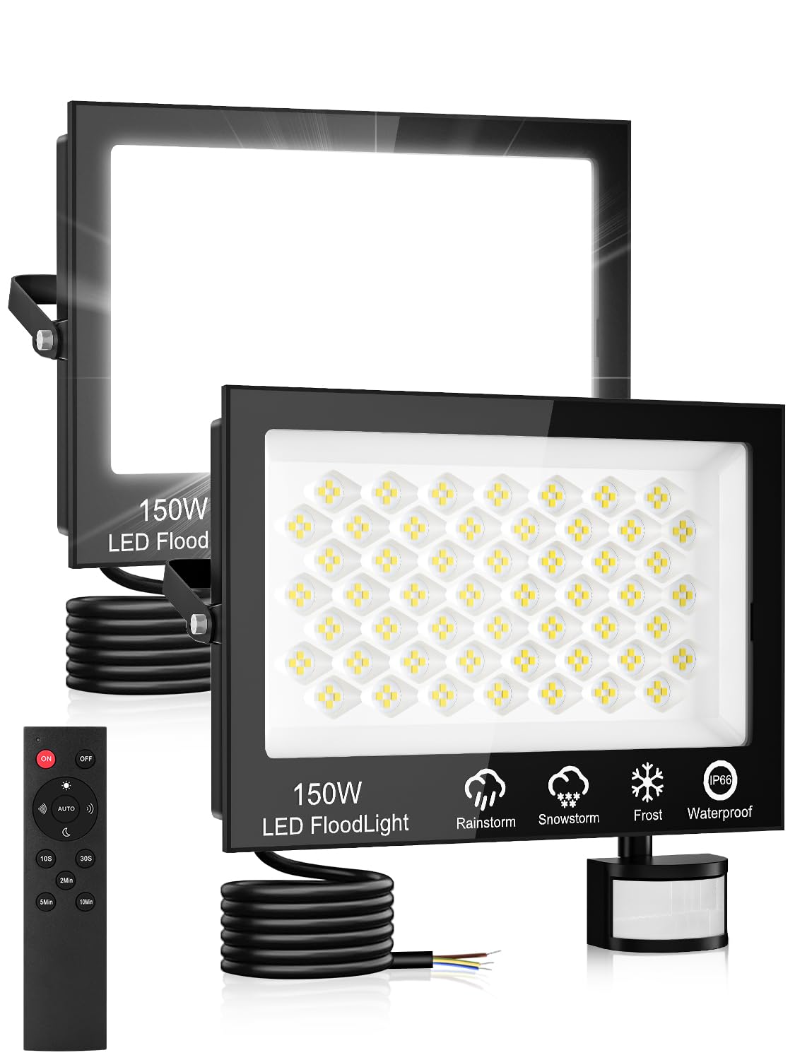 LED Strahler mit Bewegungsmelder Außen 150W 2 Stück,15000LM Scheinwerfer mit Fernbedienung,6500K Kaltweiß Außenstrahler,IP66 Wasserdicht LED Fluter Flutlicht,Außenlampe für Garten Garage Sportplatz