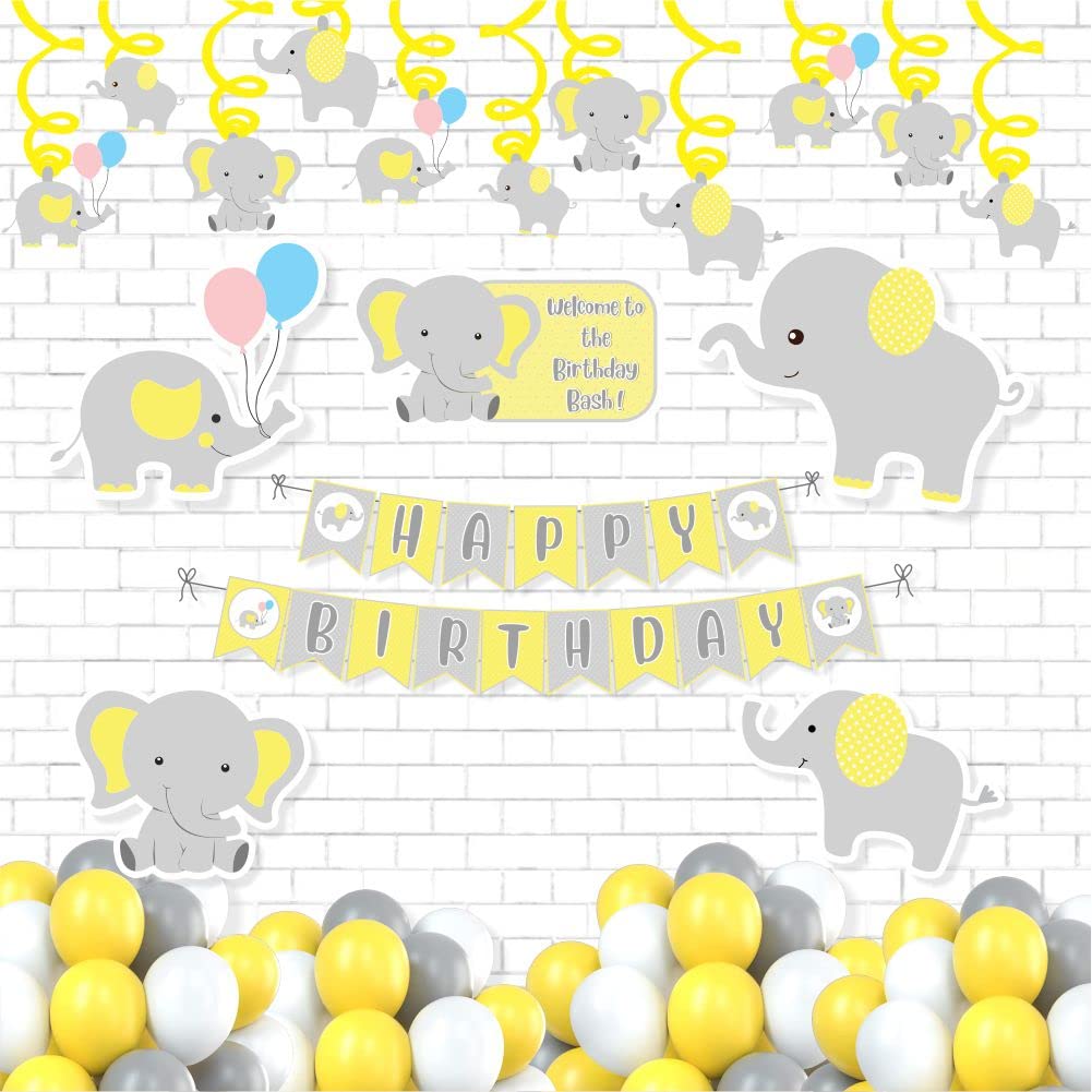 Untumble Elephant Theme Birthday Decorations Swirls Kit | Yellow, White & Grey Theme | Elephant Theme Decorations With Swirls, Posters, Happy Birthday Banner & Balloons | Pack of 66-image-0