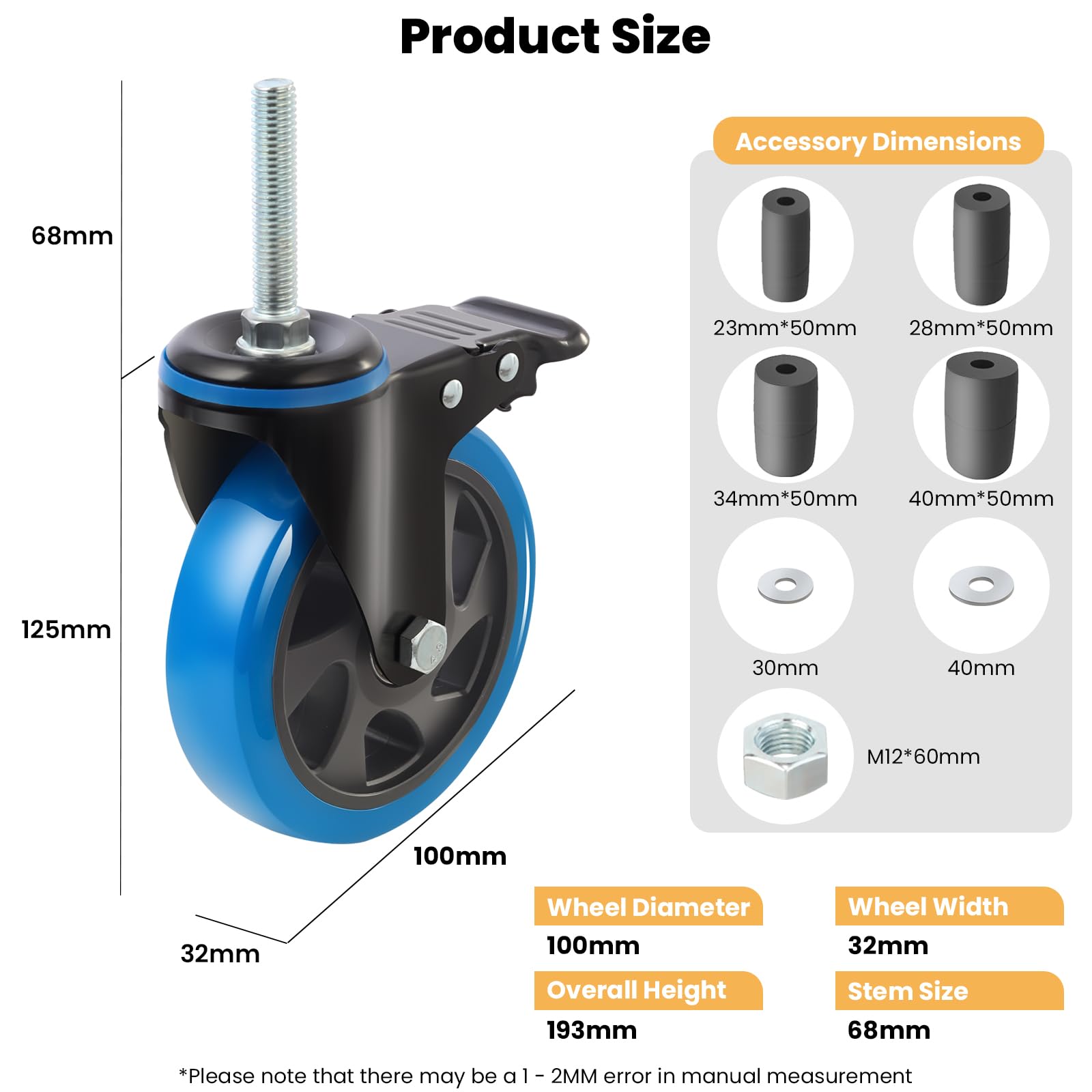 Ruote per mobili 100mm con vástago espandibile e freno adatte a tubi Ø23/28/34/40mm, capacità 500 kg ruote per carrello e tavoli inox, girevoli, blu, set da 4