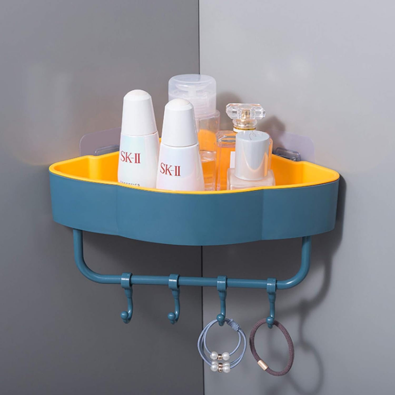 Click to enlarge Boniry Multipurpose Plastic Corner Shelf for Bathroom Wall Mount Organizer Unbreakable Shower Basket for Bathroom & Kitchen with 4 Hook Adhesive Strong Magic Sticker (Dark Blue)