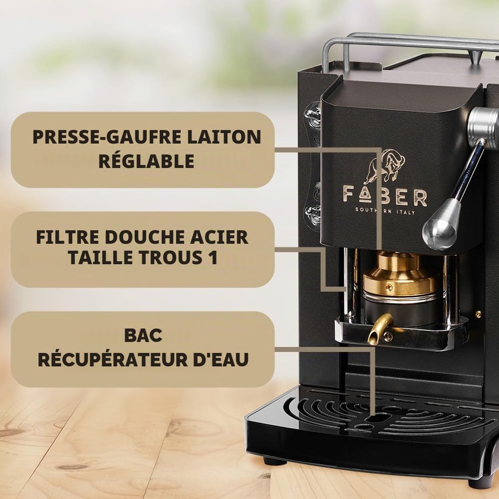 FABER COFFEE MACHINES | Modèle Pro Mini Deluxe | Machine à café à dosettes ese 44mm | Finition Chrome | Pressacialda en laiton (Mat Black)