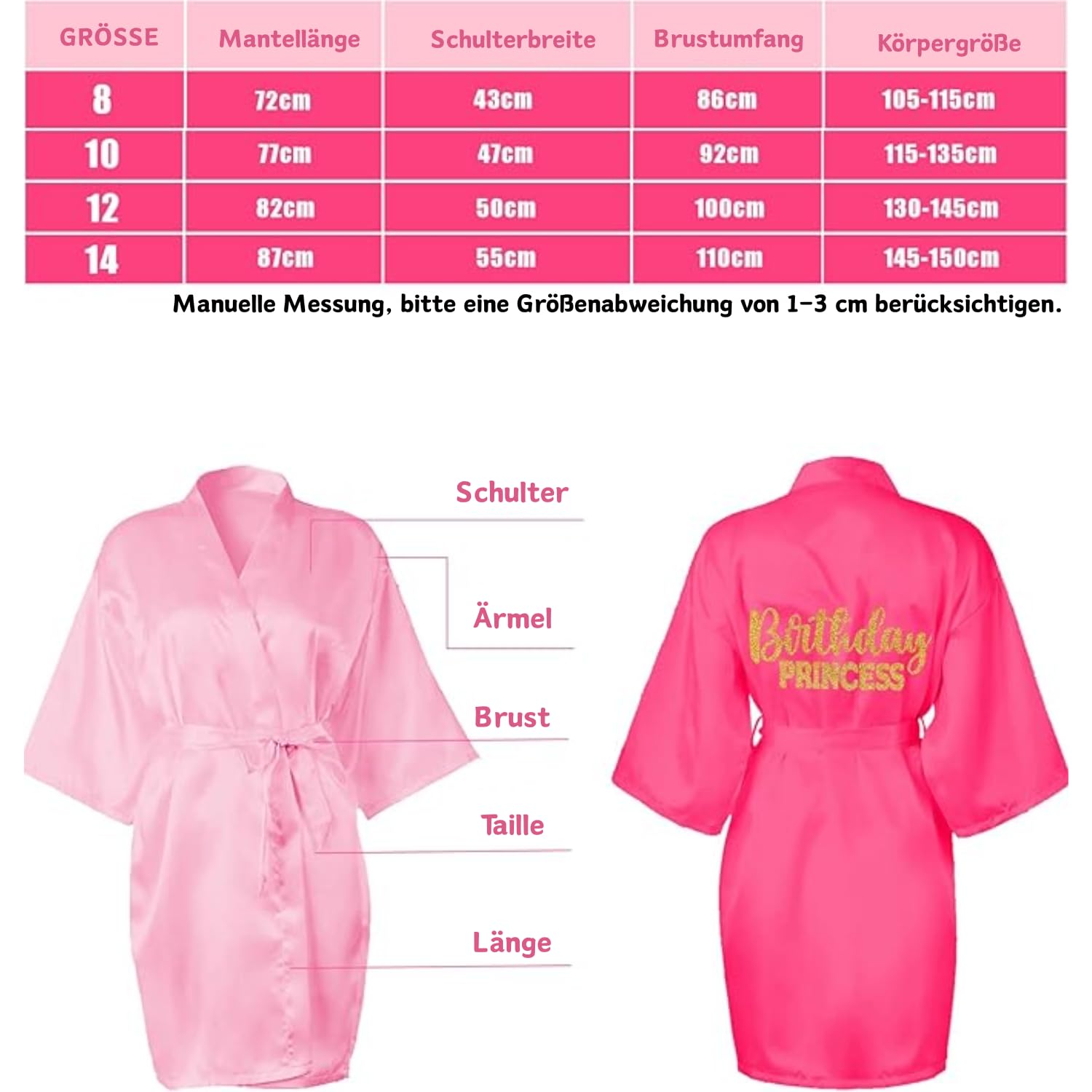7 pièces Robes d'anniversaire pour filles, Robes de fête au spa pour princesses, Robe en kimono en satin pour filles et femmes, Rose, 8 ans