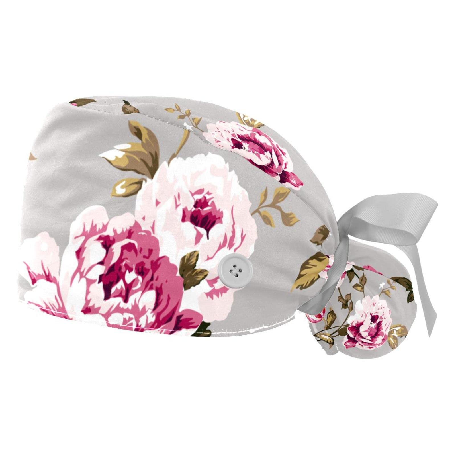 Mersov2 PCS Working Cap with Button for Women Long Hair Adjustable Elastic Bandage Tie Back Hats Bouffant Caps Winter Flower
