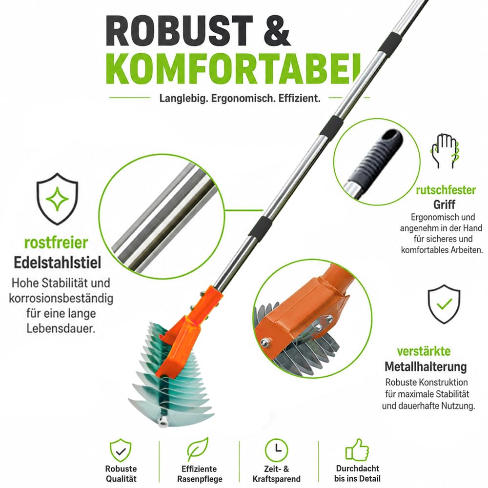 Handvertikutierer mit Gartenabfallsack, Vertikutierrechen mit Stiel 163cm, Vertikutierer Rechen Hand, Schneidrechen, Rasenlüfter Rechen,Vertikutierharke,zur Beseitigung von Moos und Rasenfilz