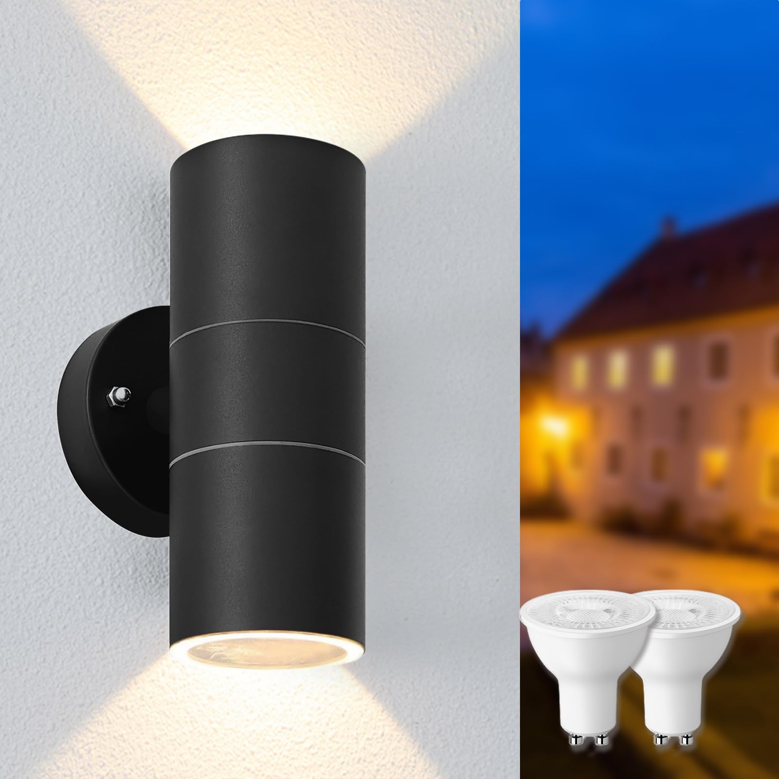 Mizlay Outdoor Wall Lights IP44,Up Down Lights 2X 5W GU10 Bulb Included,Outside Security Lights Mains Powered, Wall Mounted Sconce for Porch Front Door Pack of 1 Black