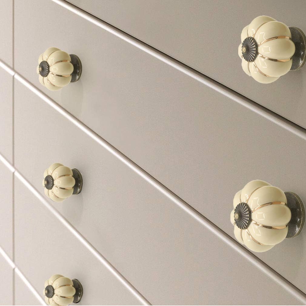 12 Pack Yellow Vintage Ceramic Pumpkin Cabinet Knobs, Drawer Dresser Door Pulls Handles with 3 Kinds of Screws for Kitchen, Cabinets, Cupboard, Bathroom,Wardrobe Closet (12 Pack, Ivory)