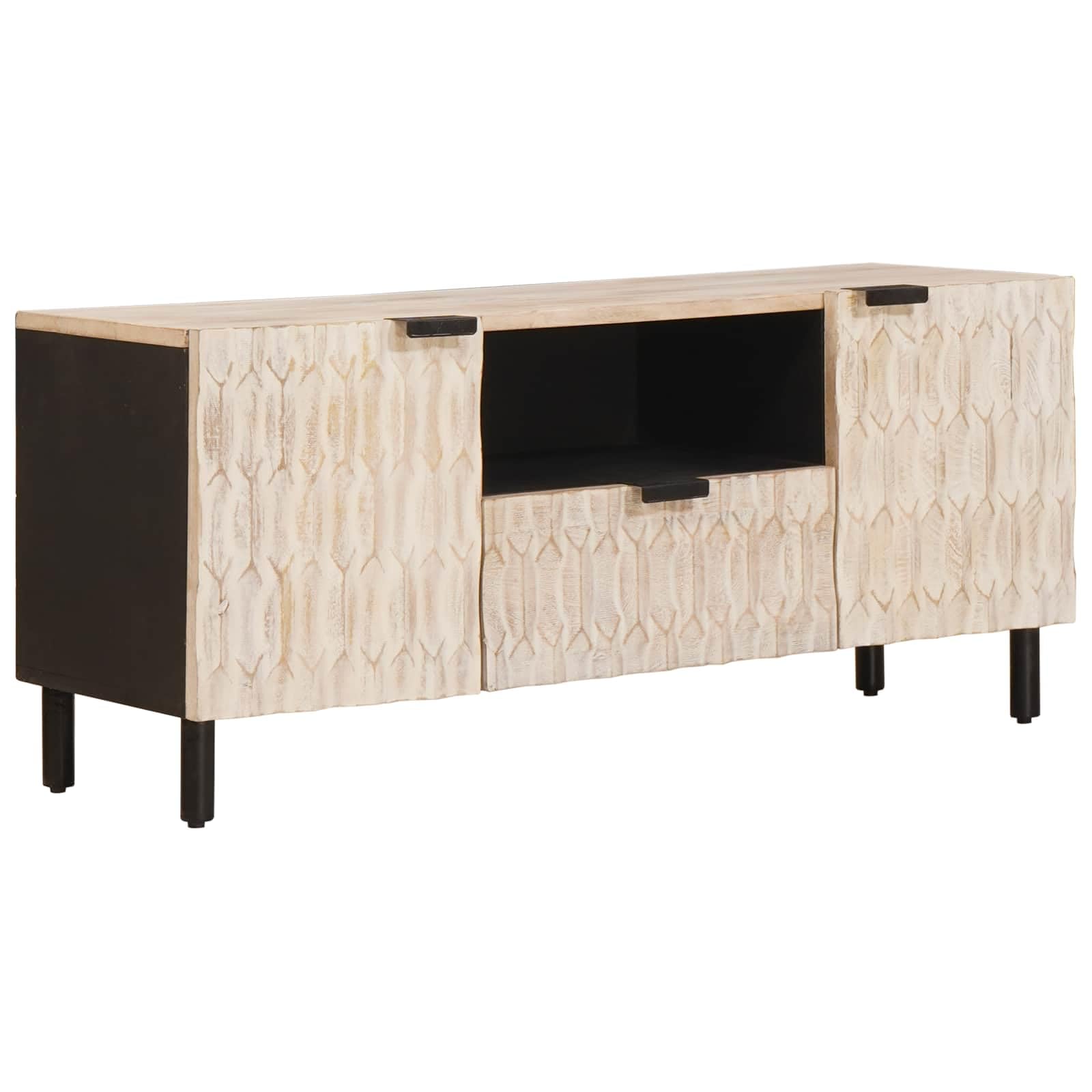 Meuble TV en Bois de Mangue Massif Lavé Blanc, Buffet Bas Scandinave Haut de Gamme