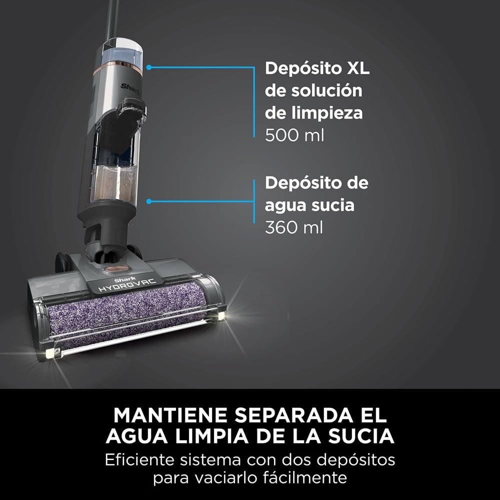 Shark HydroVac Aspiradora Mopa sin Cable para Limpieza en Seco y Húmedo - Aspira, Friega y se Autolimpia - Cepillo Antimicrobiano para Suelos Duros - Gris, WD210EU