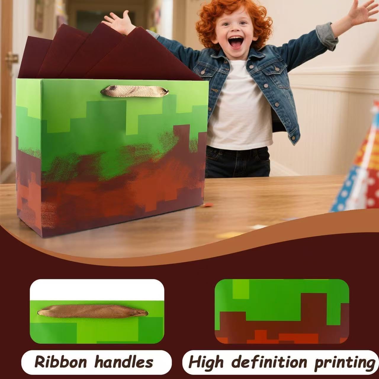 Jadsmpi 13" Large Pixel Gift Bags with Cards Tissue Paper,Green Wrapping Bag,Decoration Party for Boys Girls Kids Game Theme Birthday Gift Christmas Supplies image 5
