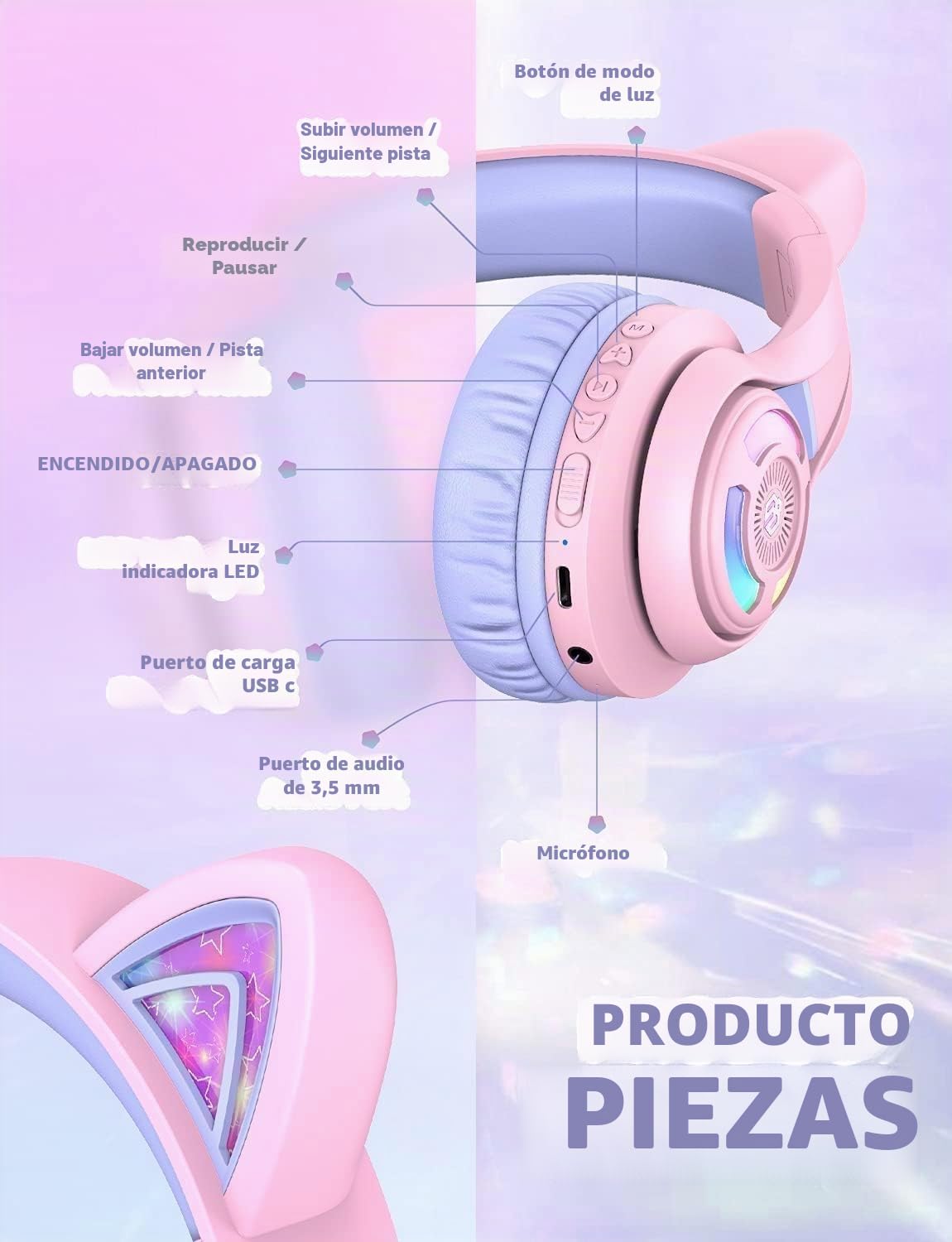 iClever Auriculares Bluetooth para Niños, BTH13 Cat Ear LED Light Up Kids Auriculares Inalámbricos, 50H Playtime, 74/85/94dB Limitación de Volumen, con Micrófono sobre la Oreja