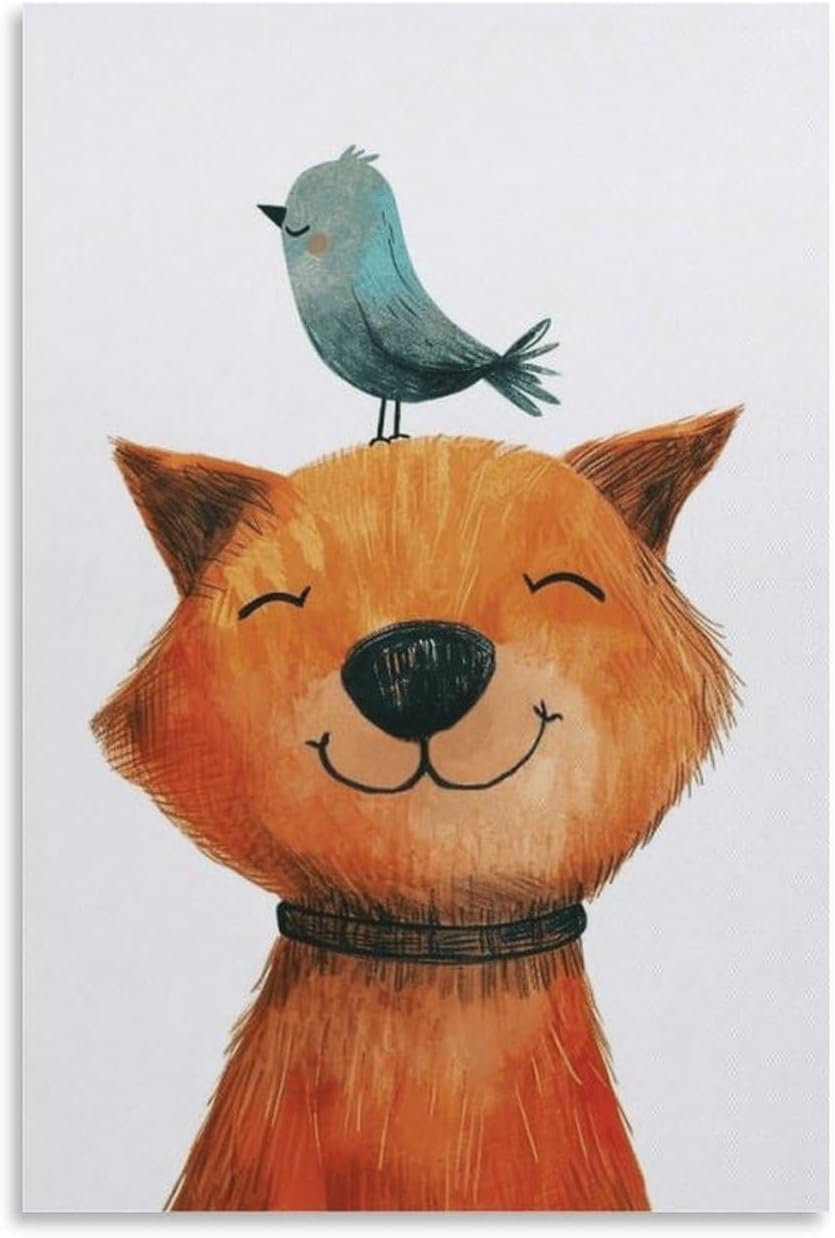 Joyful Dog with A Bird on Its Head Canvas Painting Wall Art Cute Animal Poster Print Artwork Picture for Kid Bedroom Nursery Decor 16x24inch(40x60cm) Unframe-style