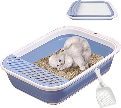 VCEPJH Caja de arena plegable para gatos pequeña, sartén abierta para orinal con cuchara, inodoro plegable para gatos poco profundos, impermeable,