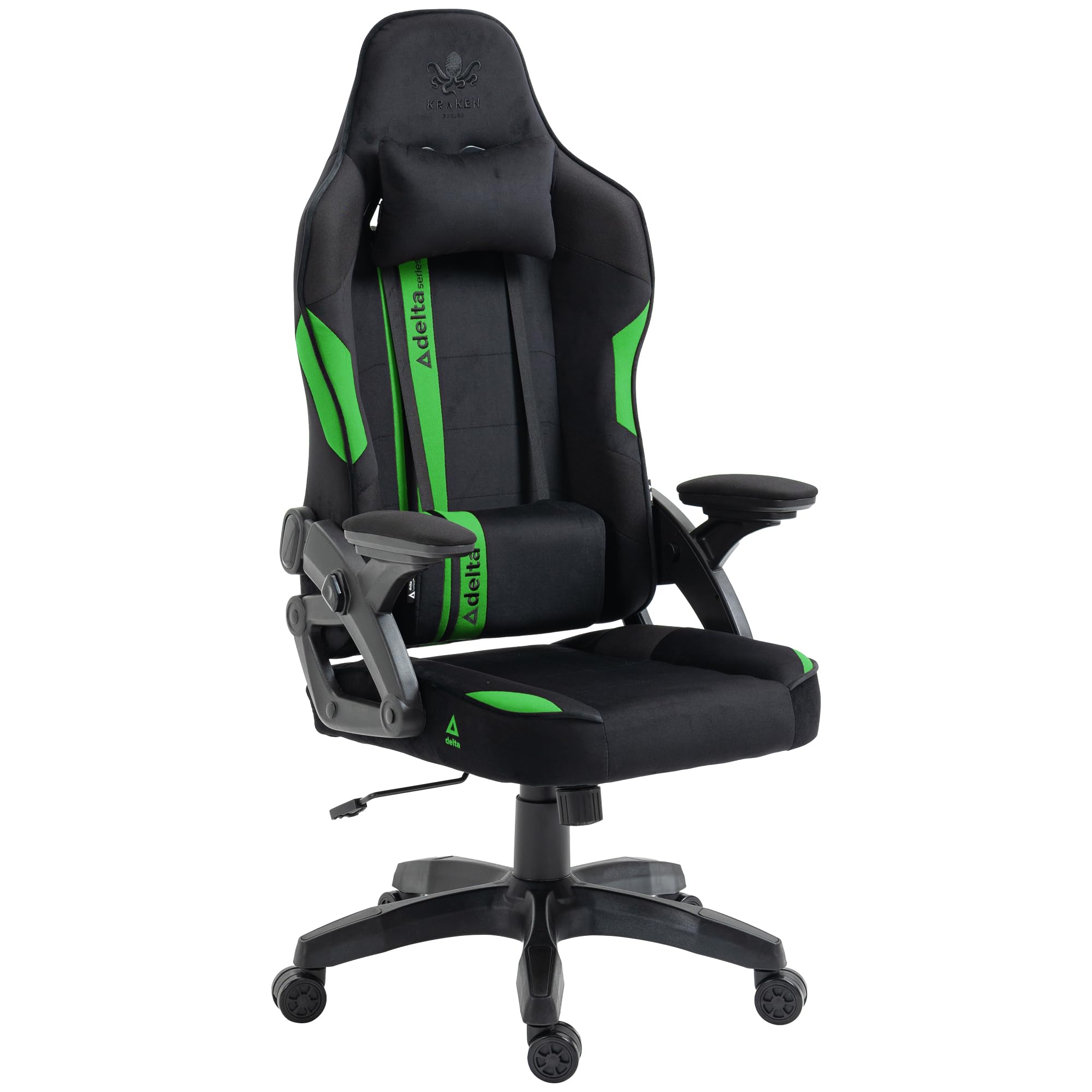 KRAKEN CHAIRS Silla de gaming de tela, color negro y verde, silla de oficina ergonómica, para gamer, capacidad de carga de 130 kg, silla gamer, silla de gaming, silla ergonómica