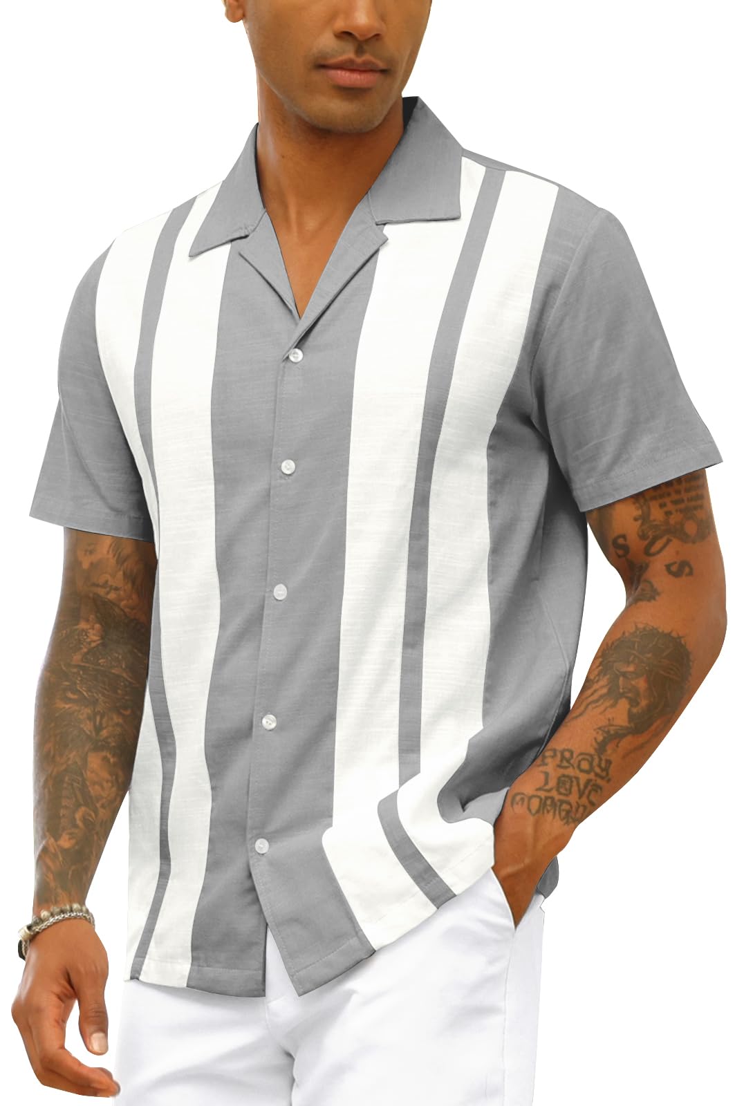 Camicia da bowling vintage da uomo, in cotone e lino, a maniche corte, con bottoni, top estivo