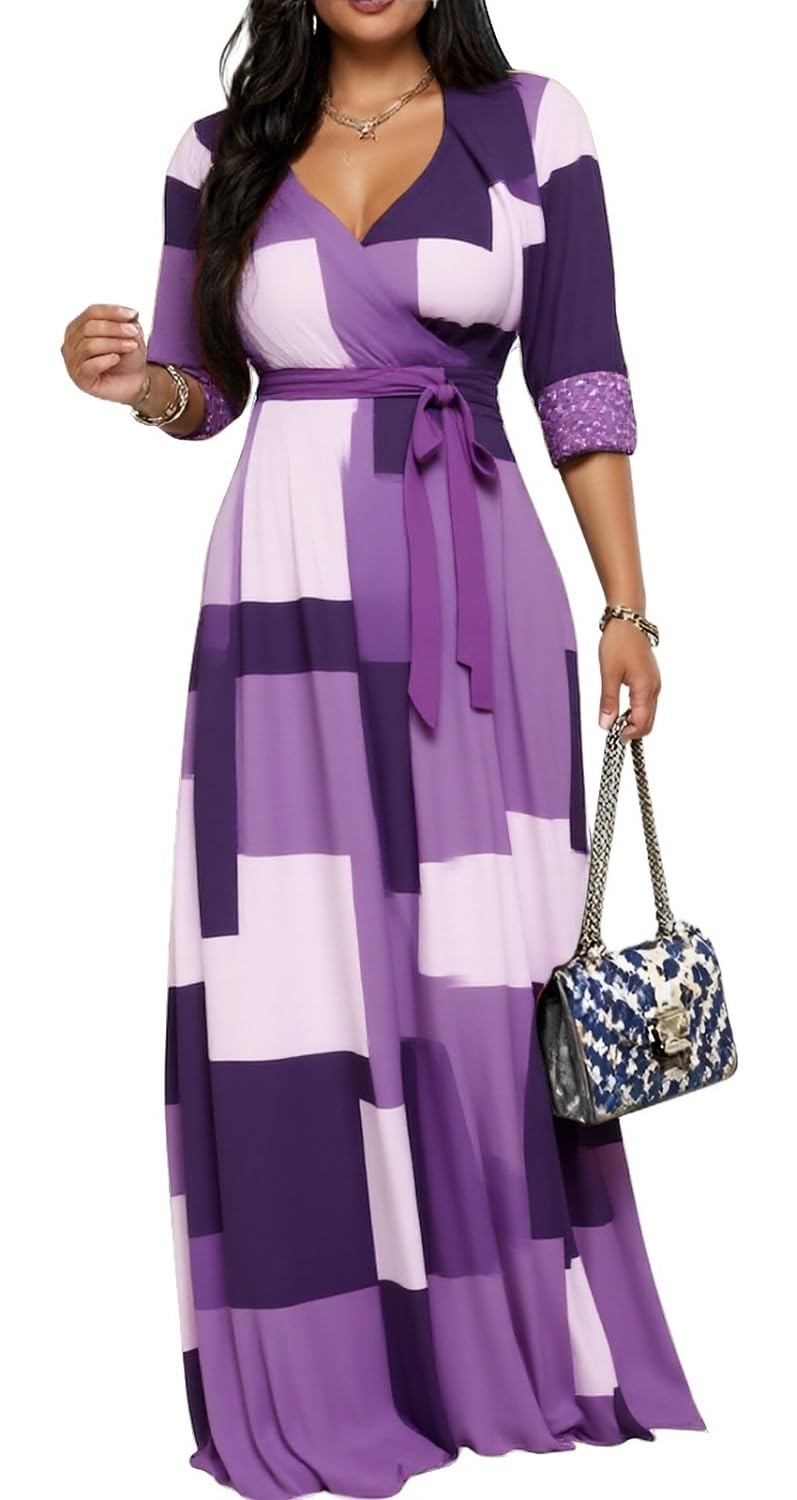 Women's Church Maxi Wrap V Neck 3/4 Sleeve Tie Waist Plus Size Long Dress