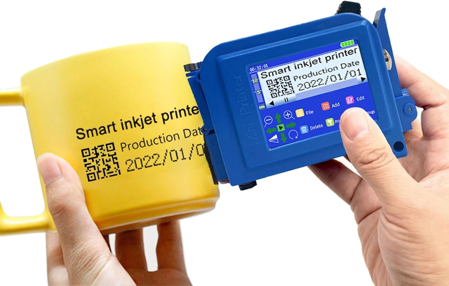 Phezer PC11 Plus Mini Inkjet Printer in use, printing on a yellow mug.