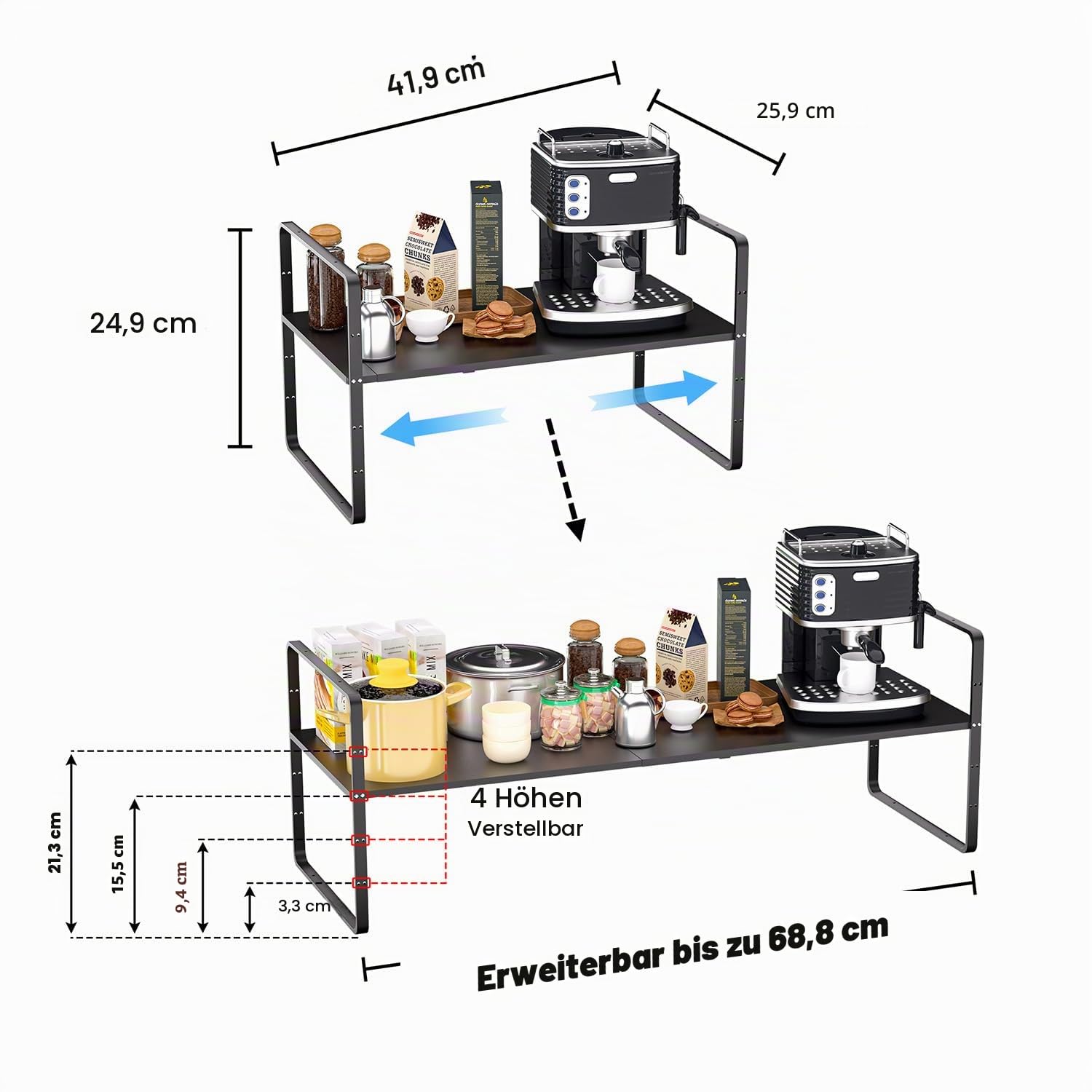 Erweiterbarer Schrankregal Küchenregal Organizer, stapelbarer Metall Gewürzregal Regaleinsatz Schrank-Organizer Regal, Küche Aufbewahrung Lagerregal für Zuhause, Speisekammer, Schwarz