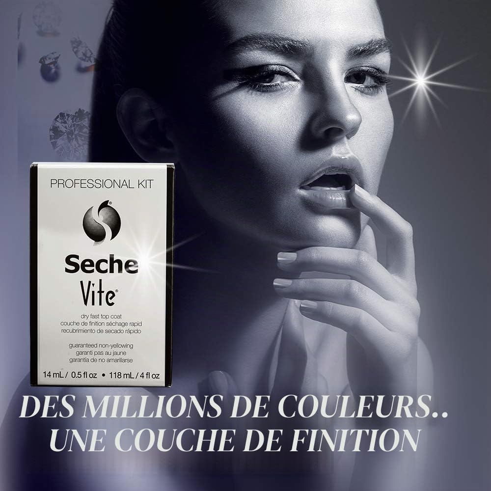 Seche Vite Dry Fast Top Coat 14 ml + Recharge 118 ml, Kit Professionnel