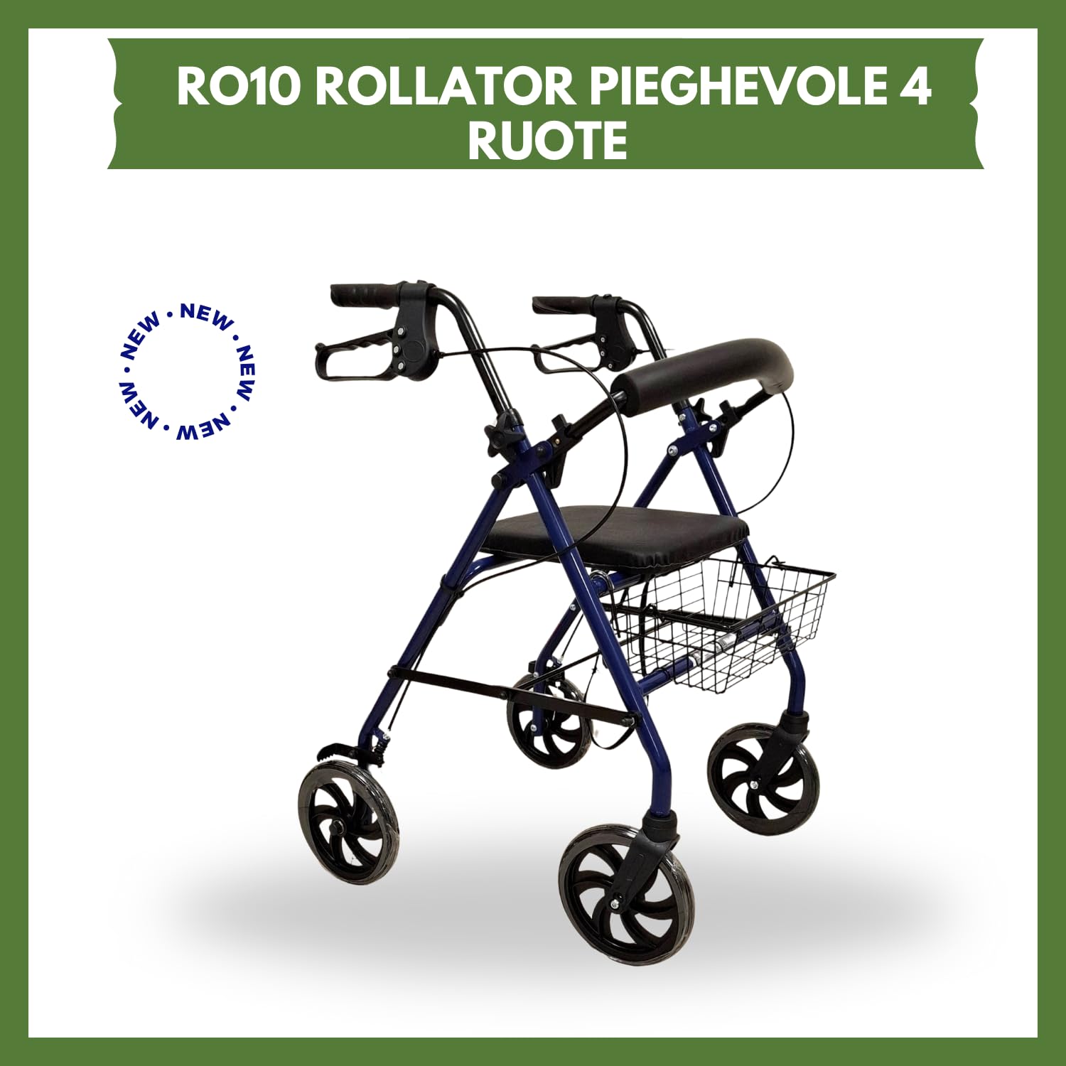 TERMIGEA RO10 - Deambulatore per Anziani con Seduta Pieghevole, Carrello per Anziani per Camminare in Acciaio (Portata 130KG) Sedile e Schienale Imbottito, Freni di Stazionamento, Altezza Regolabile