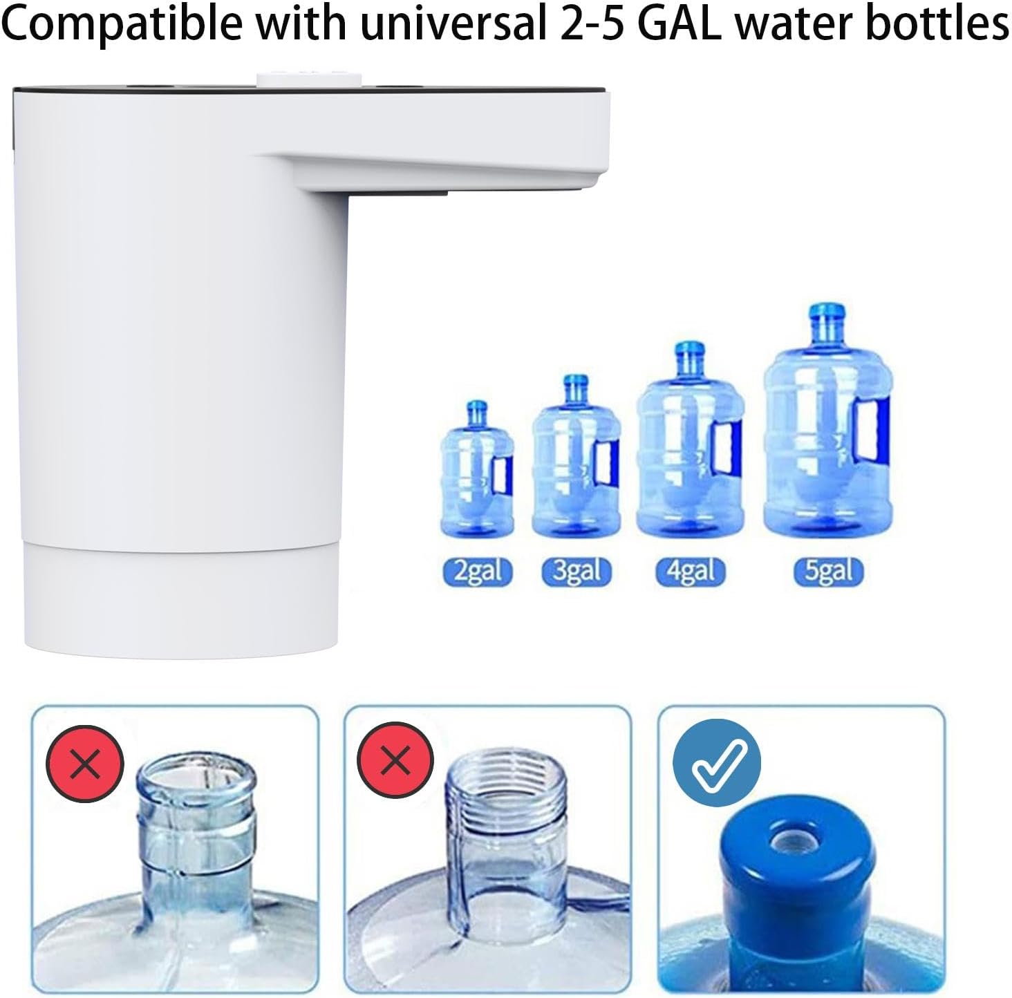 Water Pump for 5 Gallon Bottle, Universal Water Bottle Pump for Home Camping for 2-5 Gallon Jugs, Electric Bottle Pump, Portable Rechargeable Water Dispenser (White)