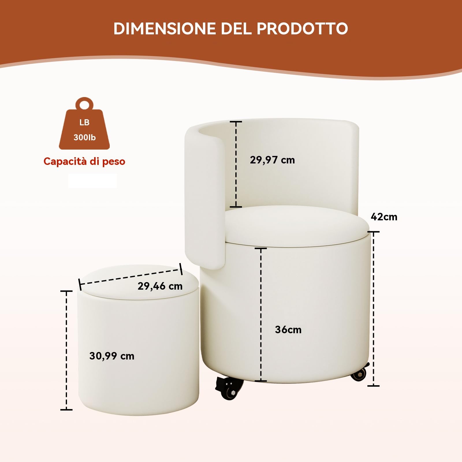 Sedia cosmetica con ruote e spazio di archiviazione, sedia girevole per trucco con schienale ribaltabile, piccolo pouf imbottito in pelle PU per camere da letto e salotti.