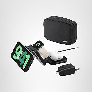 Belkin MagSafe Charger Compatible 3-in-1 Magnetic Charging Travel Pad 15W-BoostCharge Pro Foldable Qi2-Certified Wireless Charger, MagSafe-Compatible Charger for iPhone 16 Series, Apple Watch, AirPods