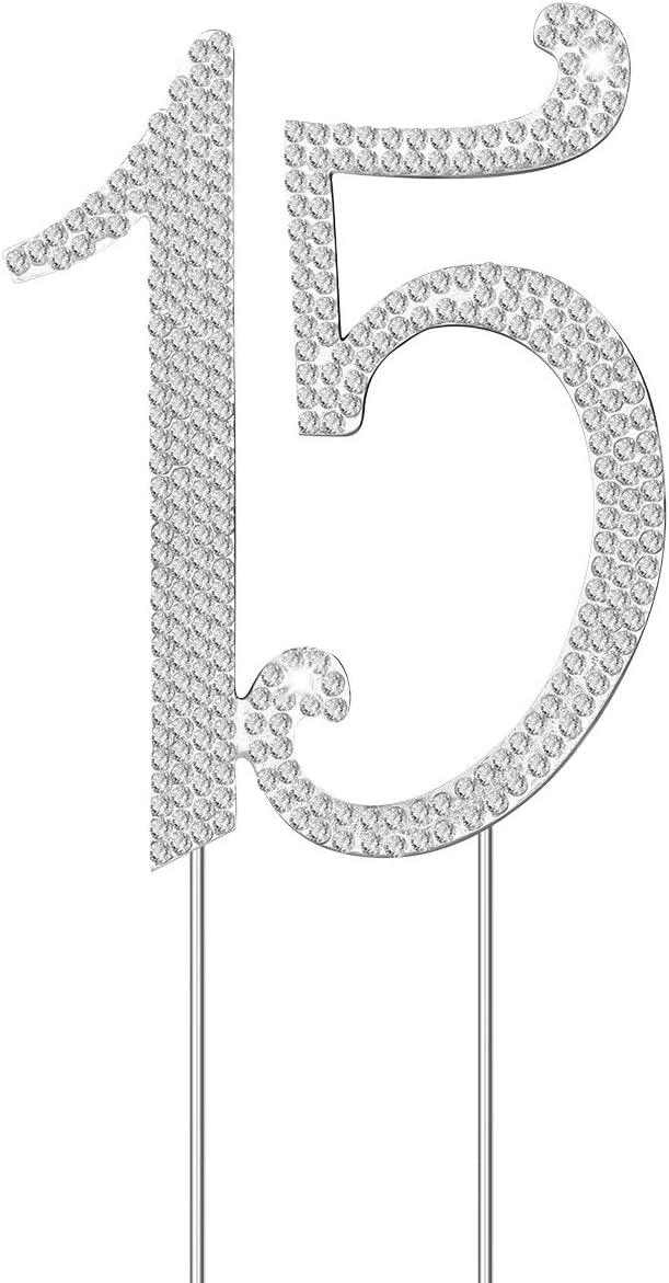 JANOU 15 Cake Topper Number 15 Crystal Rhinestones 15th Cake Decoration for Birthday Anniversary Party Decoration-Silver