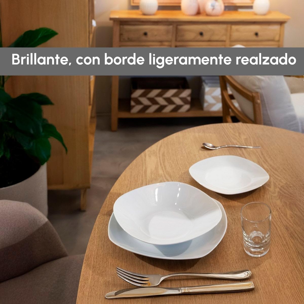 UNIMASA - Juego de 12 platos hondos cuadrados blancos de porcelana de 21,5 cm. Configura tu vajilla completa moderna para 12 personas a tu gusto
