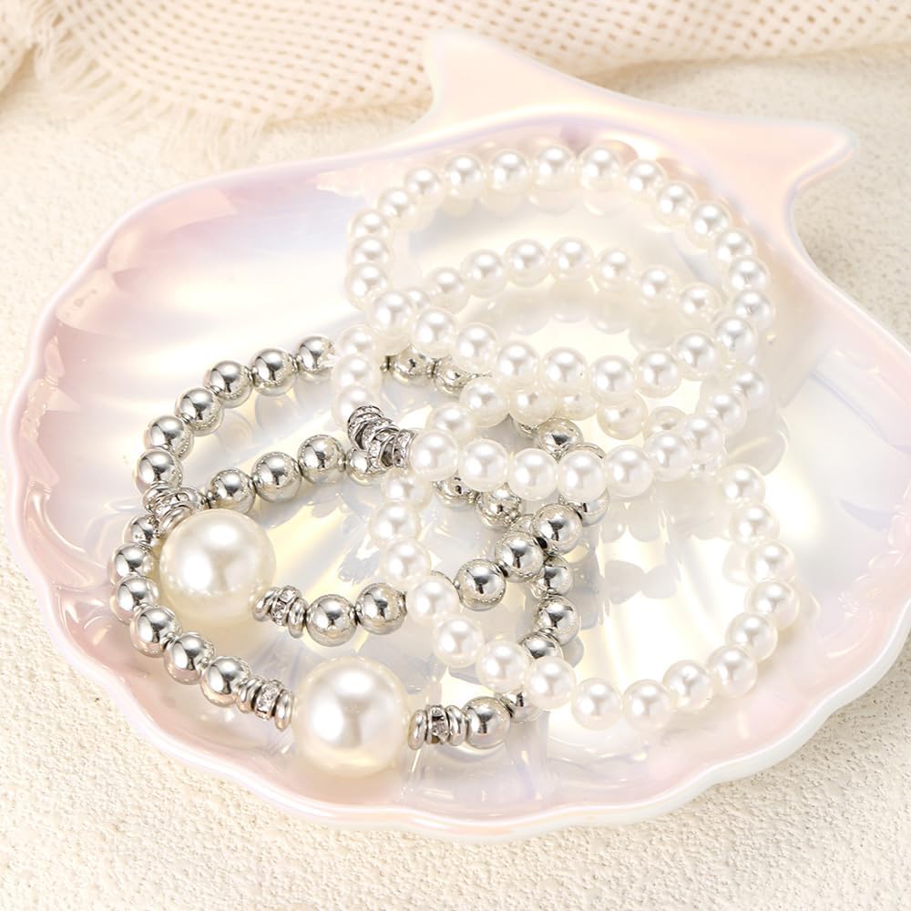 5Pcs Pearl Stackable Bracelets for Women Multilayer Metal Beaded Bracelets Set CZ Elastic Strand Bangles Trendy Wedding Bridesmaid Jewelry - Image 5