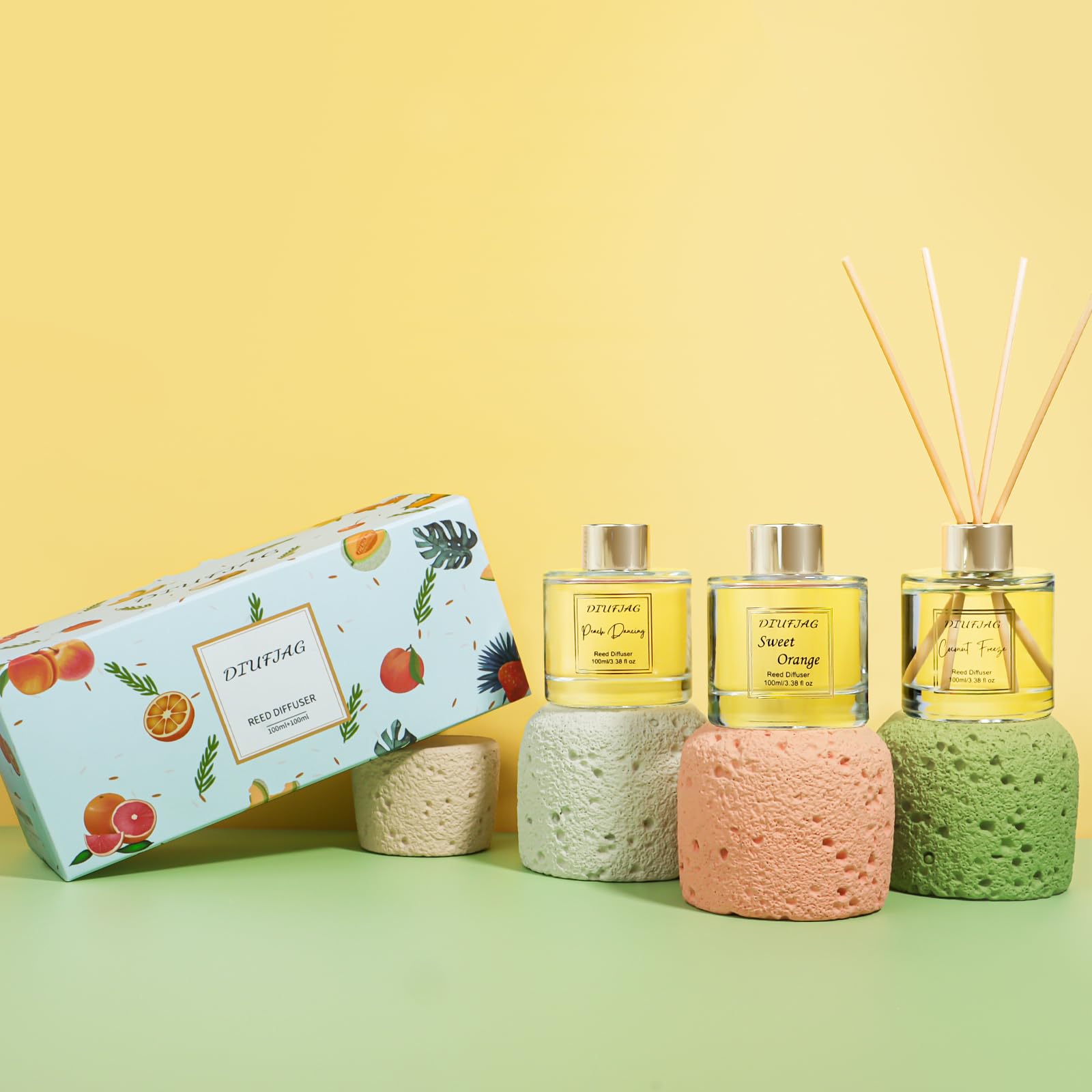 Profumo per Ambienti,2 x 100ml,Arancia/Pesca,Orange Peach Con 10 Bastoncini Profumati Aromaterapia,Diffusore per la casa,Reed Diffuser Per Camera da Letto,Ufficio,Bagno,Scaffale