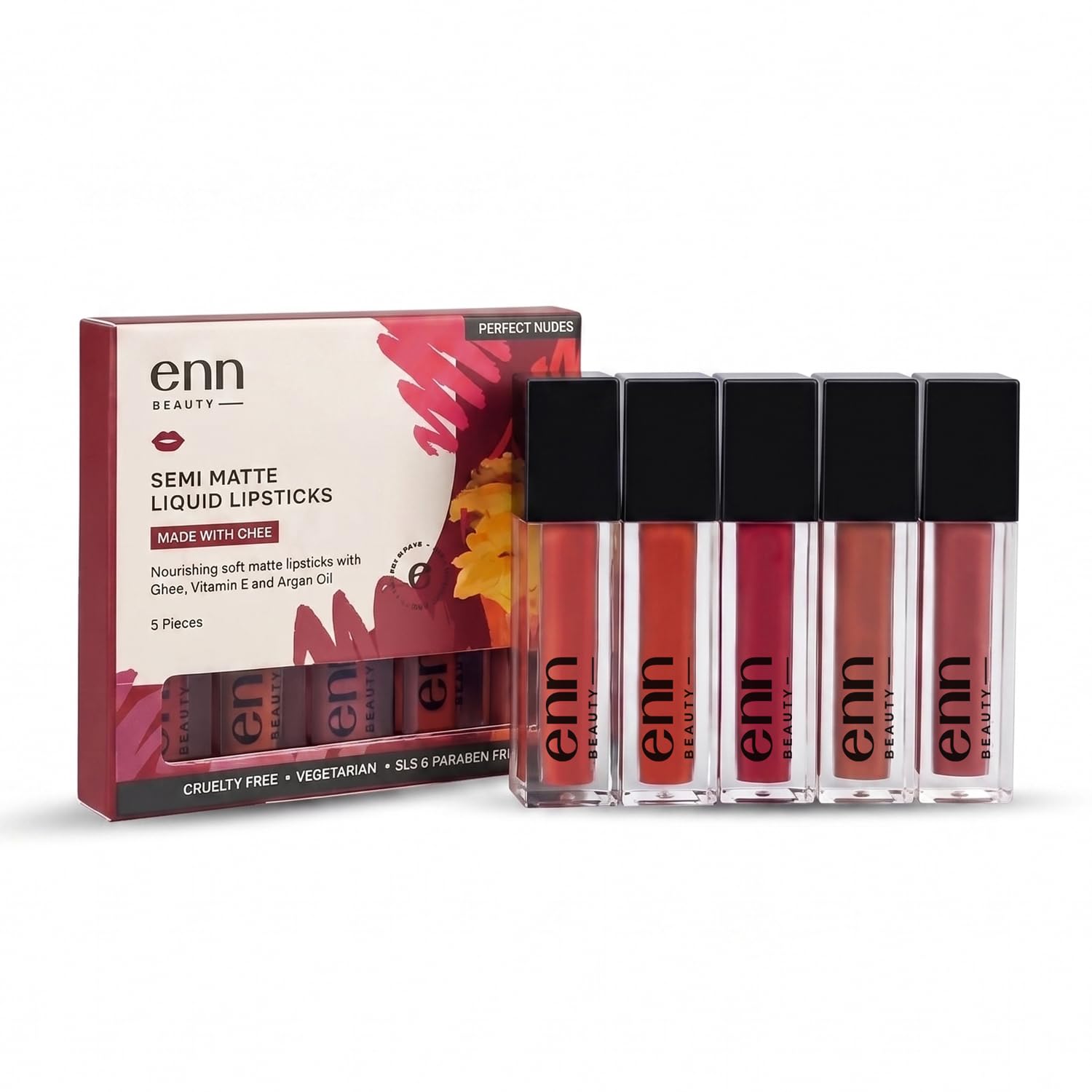 ENN Long Lasting Semi Matte Nourishing Soft Liquid Lipsticks Kit With 12 Hour Coverage | Transfer proof Highly Pigmented Godness of Natural Ingredients of Ghee | Vitamin-E | Argan Oil | Pack Of 5 Perfect Nudes-picture-10