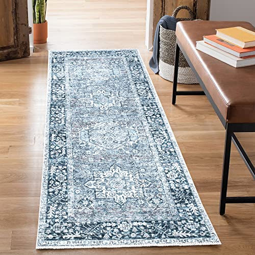 Bloom Rugs Caria Washable Non-Slip 12 Ft Runner - Navy Blue Traditional Persian Runner For Entryway, Hallway, Bathroom, And Kitchen - Exact Size: 2'6" X 12' #TOP19