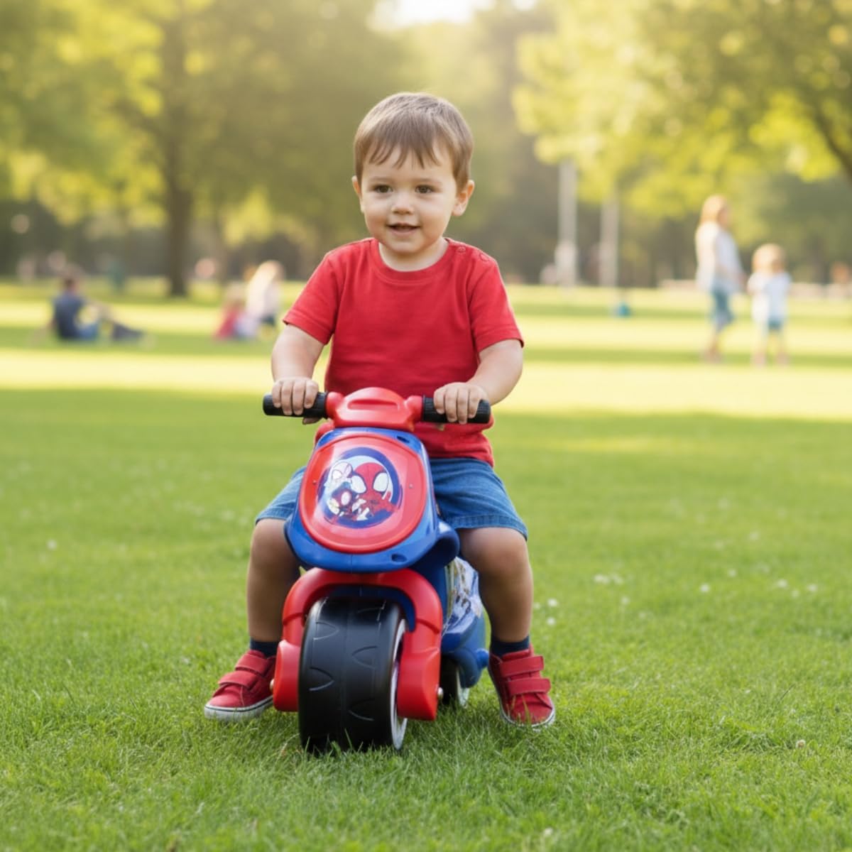 INJUSA - Motocykl Dziecięcy Neox Spidey, dla dzieci +18 miesięcy, z trwałą dekoracją, szerokim plastikowym kołem i uchwytem transportu dla rodziców, niebieski kolor
