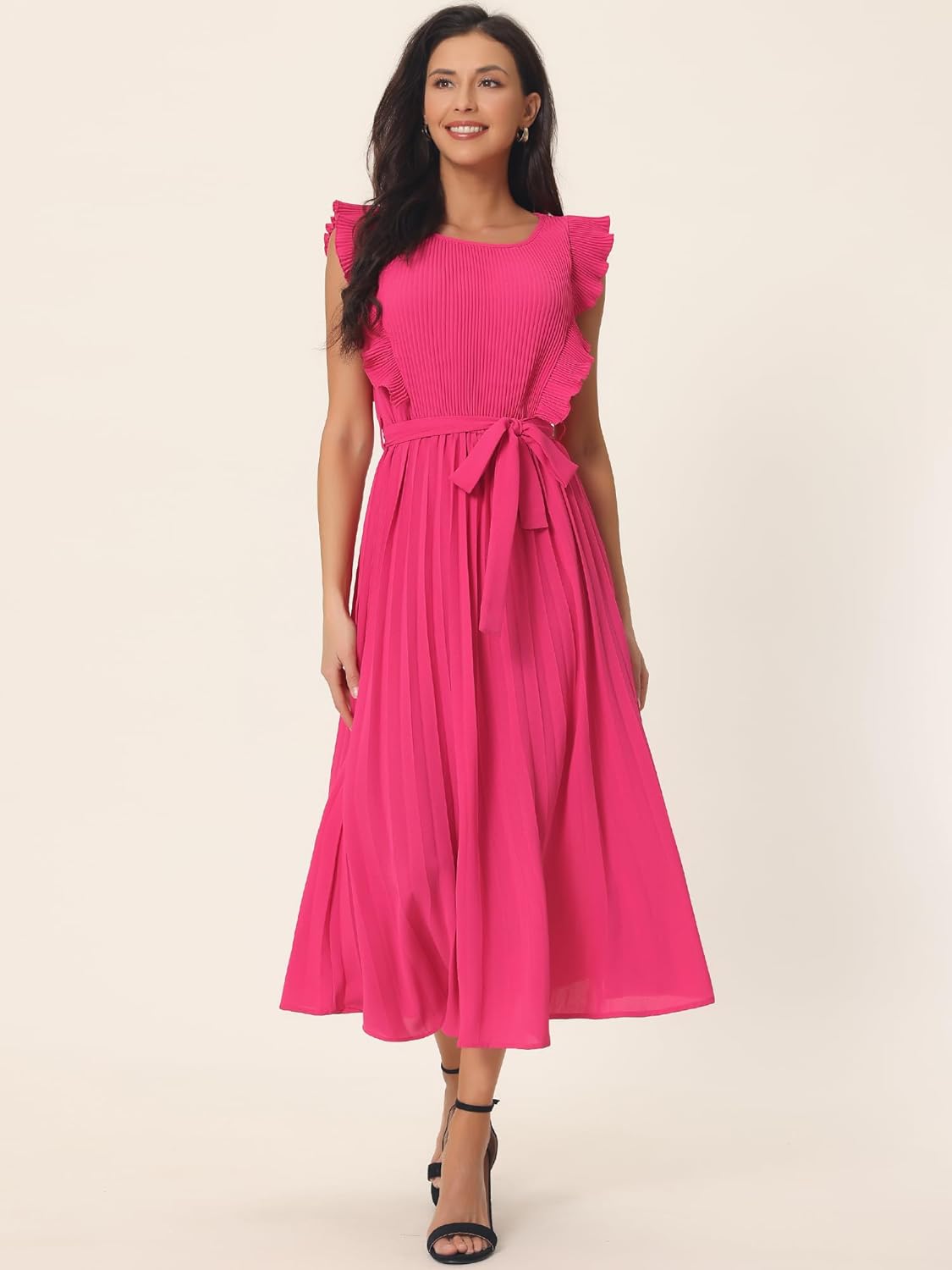 Seta T Women's Pleated Dress Summer Casual Ruffle Flutter Sleeve Crewneck Tie Waist Flowy Midi Dresses - Image 2