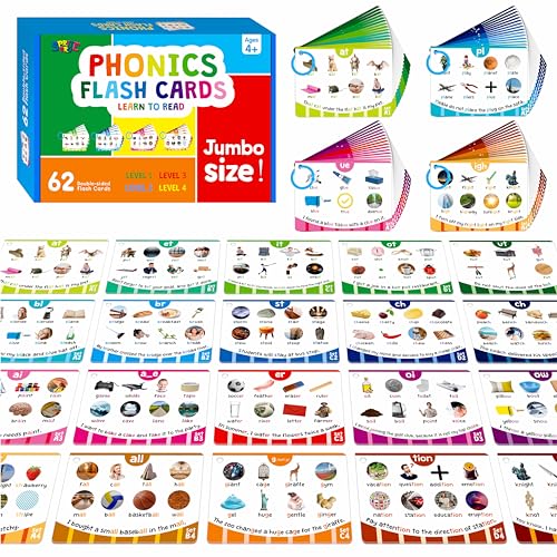 Phonics Flashcards, 120 Phonics 62 Double-Sided Cards - 20 Phonic Group Sets CVC, Digraph, Trigraph Blends Long Vowel Sounds, Early Educational Tool for Kids Ages 4-8 Years Old (4 Plastic Rings)