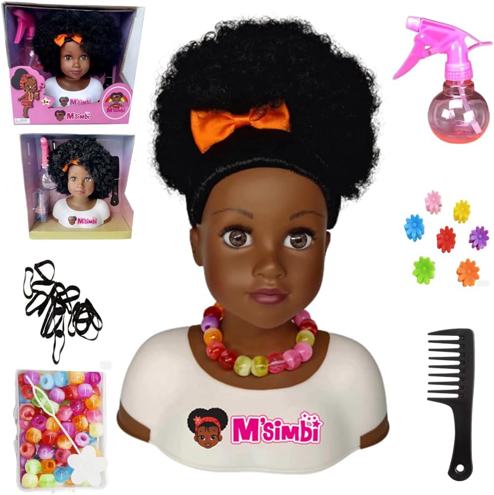Black African Brown Styling Head Dolls with Curly Afro Hair and 5 Accessories, for Kids, Kids Toys for Ages 3 Up