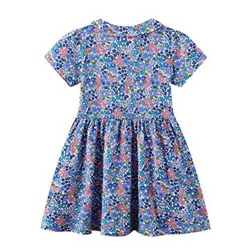 Hileelang Kids Little Girls Short Sleeve Dress Summer Cotton Casual Blue Flower Print Peter Pan Collar Basic Tunic Shirt Jersey Dresses 5T #TOP1