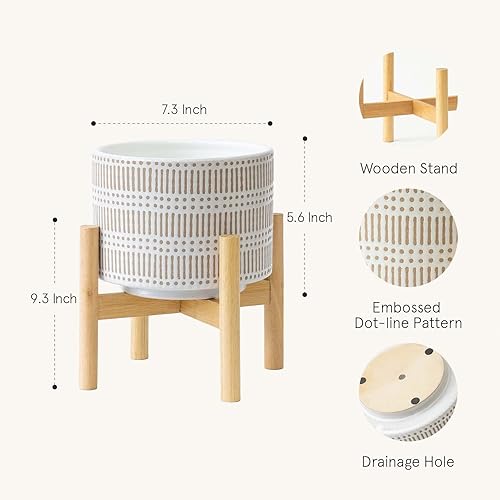 Miniatura 7 de LA JOLIE MUSE Maceta de cerámica con soporte de madera, maceta decorativa redonda moderna de 7.3 pulgadas para interiores con soporte para maceta de