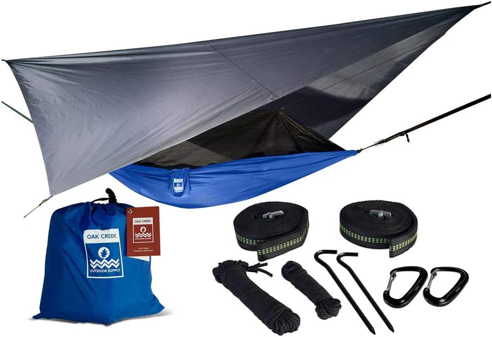 Lost Valley Camping Hammock. Bundle Includes Mosquito Net, Rain Fly, Tree Straps, Compression Sack. Weighs Four Pounds, Perfect for Camping. Lightweight Nylon Single Hammock.