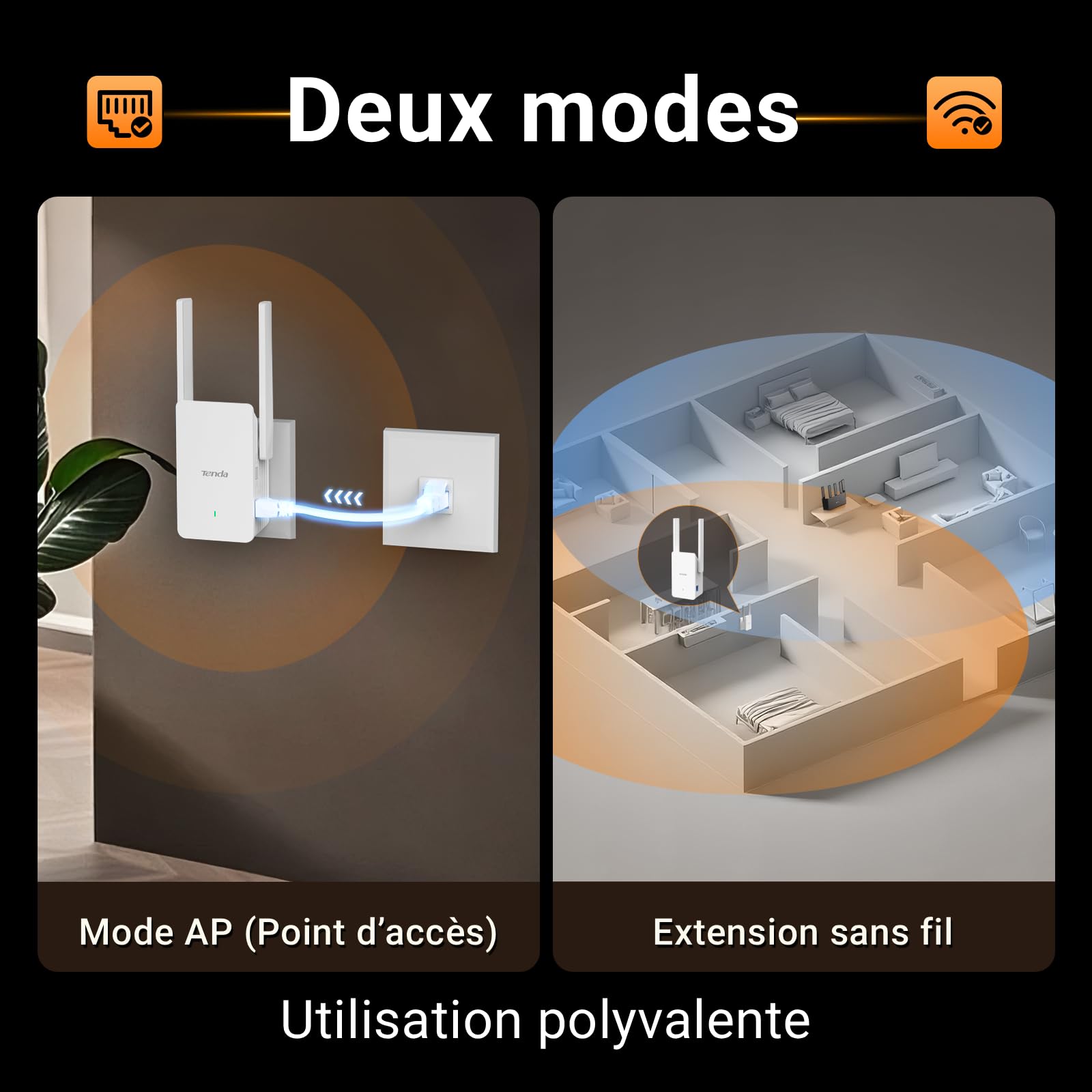 Tenda A23 Répéteur WiFi 6 AX1500, Extenseur WiFi Bi-Bande, Port Gigabit, Antennes 2 x 5dBi, LED de Signal Intelligent, Installation Facile, WPA3