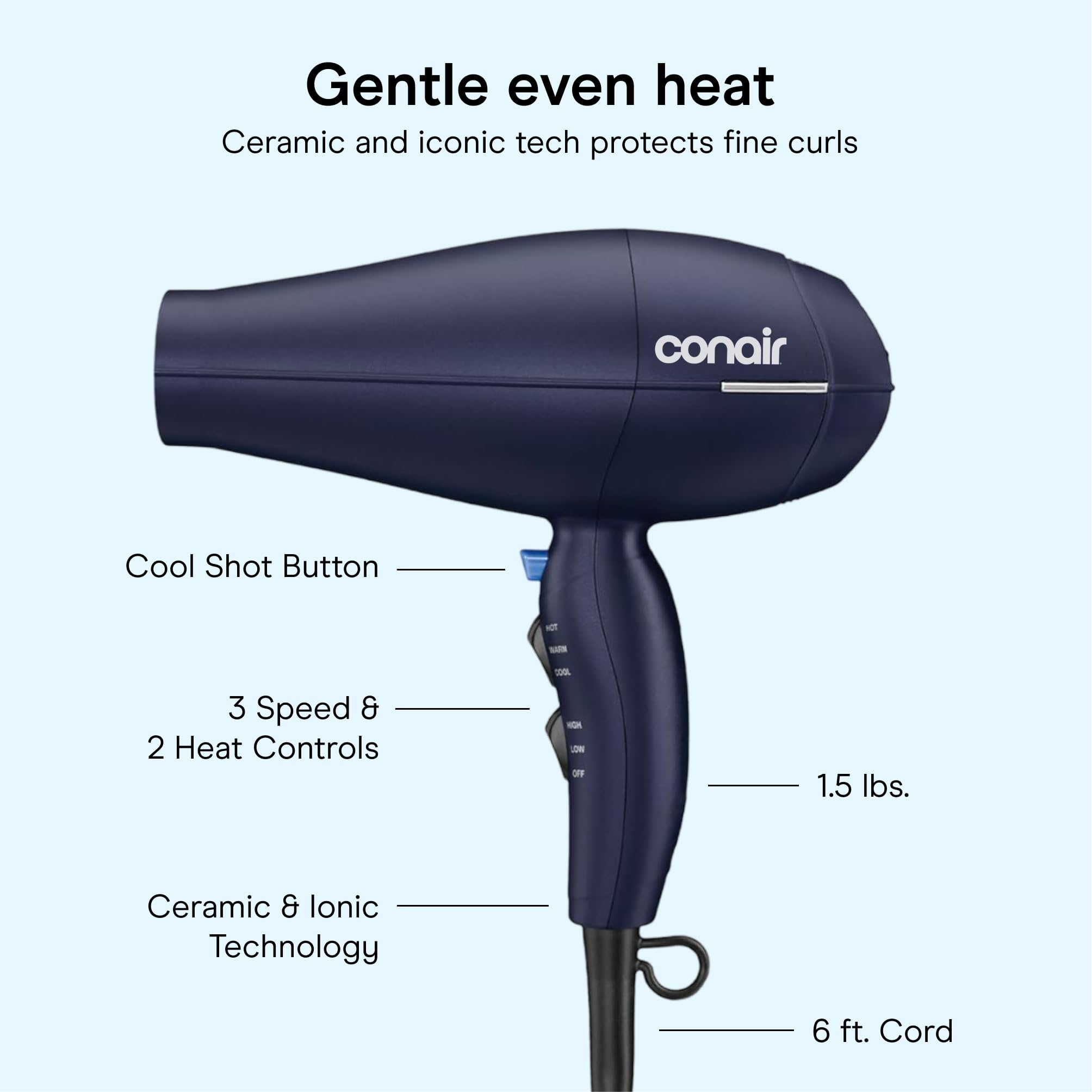 Conair Hair Dryer with Multi-Chamber Hair Diffuser Attachment Dark Blue | 1875W blow dryer for curly coily and wavy hair ionic and ceramic technology help reduce frizz and protect curls product thumbnail 6