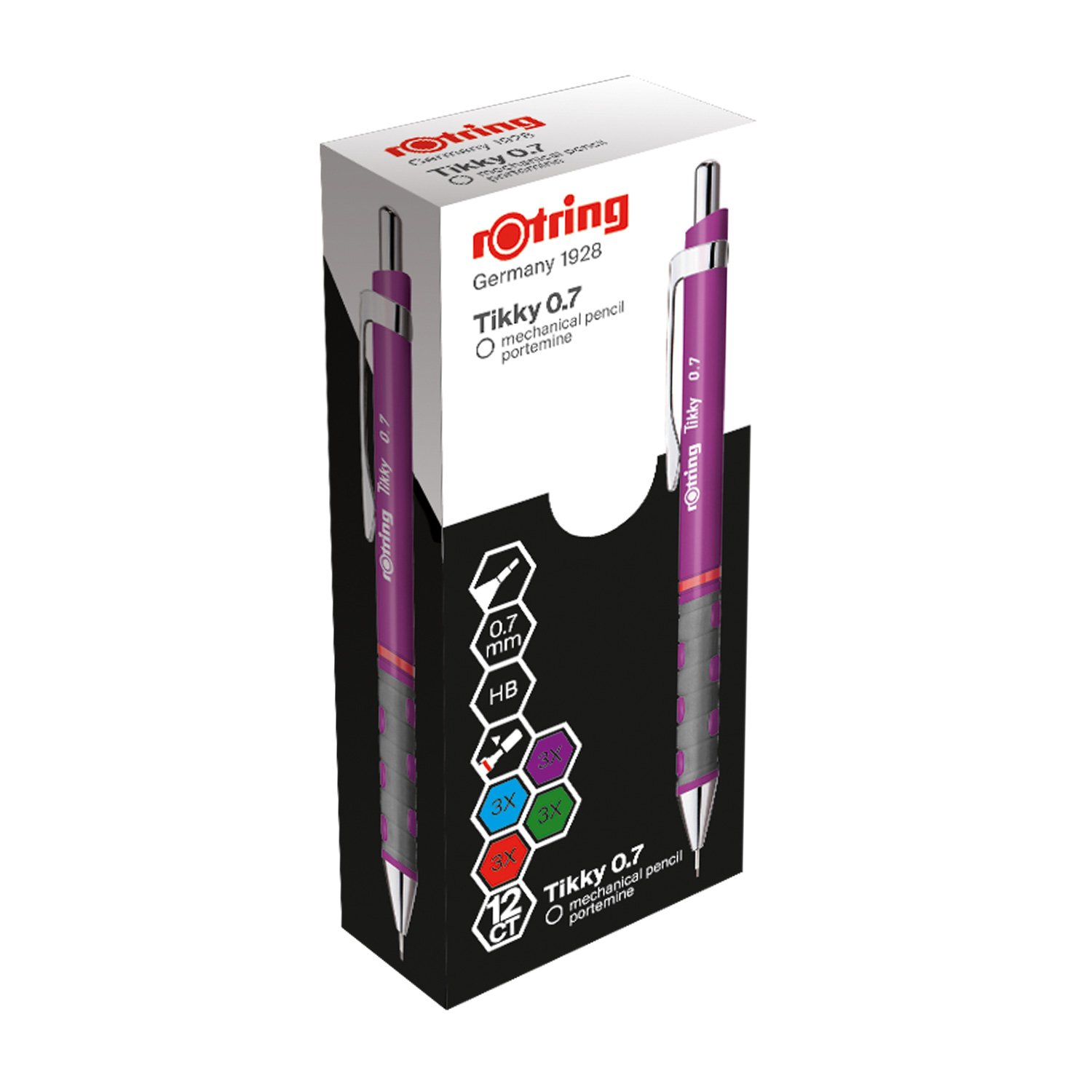 Rotring Tikky portaminas, HB, 0,7 mm, colores surtidos, caja de 12