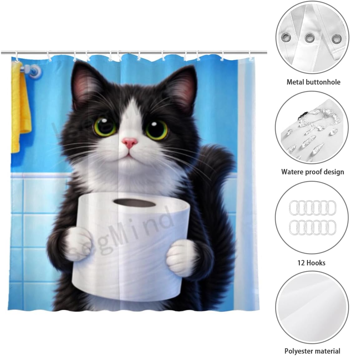 Funny Bathroom Shower Curtain 72x72 Inch, Cute Tuxedo Cat Holding Toilet Paper Roll, Playful Bath Humor Cartoon Bathroom Decor with 12 Hooks