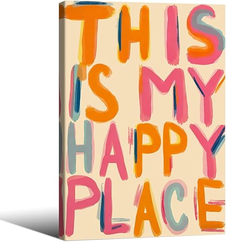 Miniatura 27 de Lienzo decorativo para pared con texto en inglés "This Is My Happy Place", con citas positivas de color rosa y naranja, impresiones estéticas,