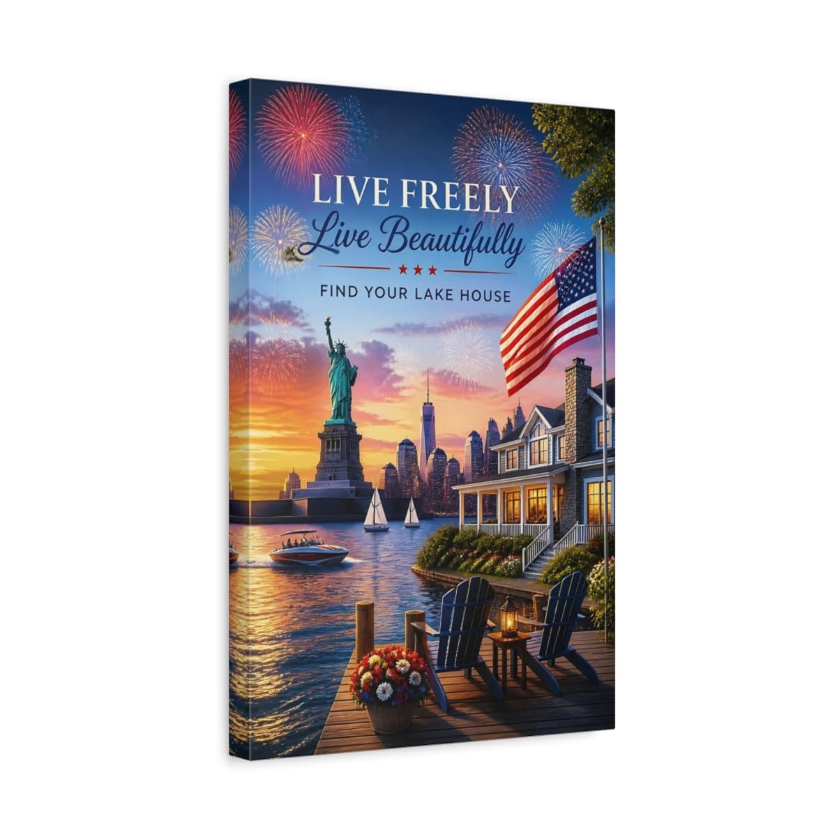 Liberty Lakehouse Celebration Canvas Print – Living Room, Above Fireplace 12×18 inch (30×45 cm) - Vertical / 1.25 inch (3 cm)