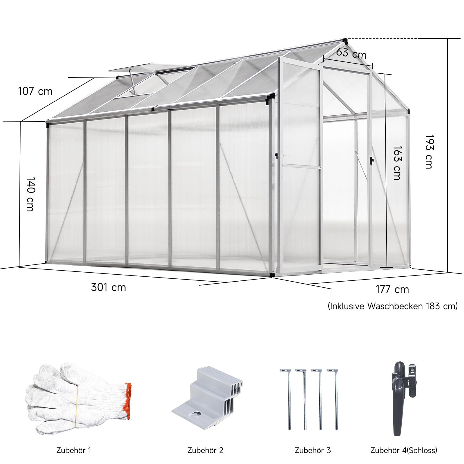 Gewächshaus Aluminium für den Garten | 177*300*193 cm | Vielseitig nutzbar als Treibhaus Gartenhaus Winterfest Aufzucht Tomatenhaus Frühbeet und Pflanzenhaus Weiß