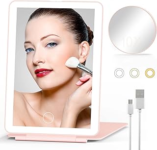 Travel Makeup Mirror with Lights, 10x Magnifying Round Mirror, Rechargeable Lighted Vanity Compact Mirror with 80 Leds, 3 Color Portable Light Up Folding Cosmetic Mirror Travel Essentials for Women