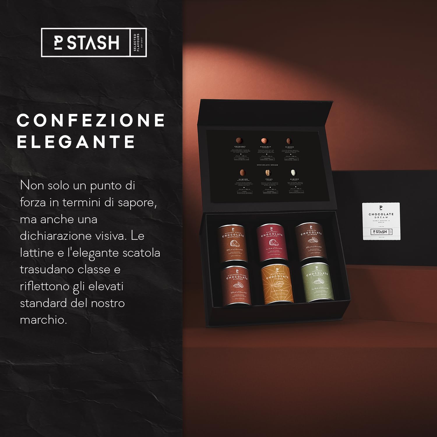 P-Stash Black Box Mix di Noci Chocolate Dream – Confezione da 6 – Pecan, Nocciole & Mandorle – Noci al cioccolato con spezie uniche, tostate a mano a Berlino